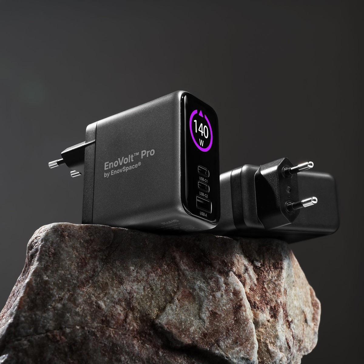 EnoVolt Pro 140W GaN charger showing its compact design and folding plug