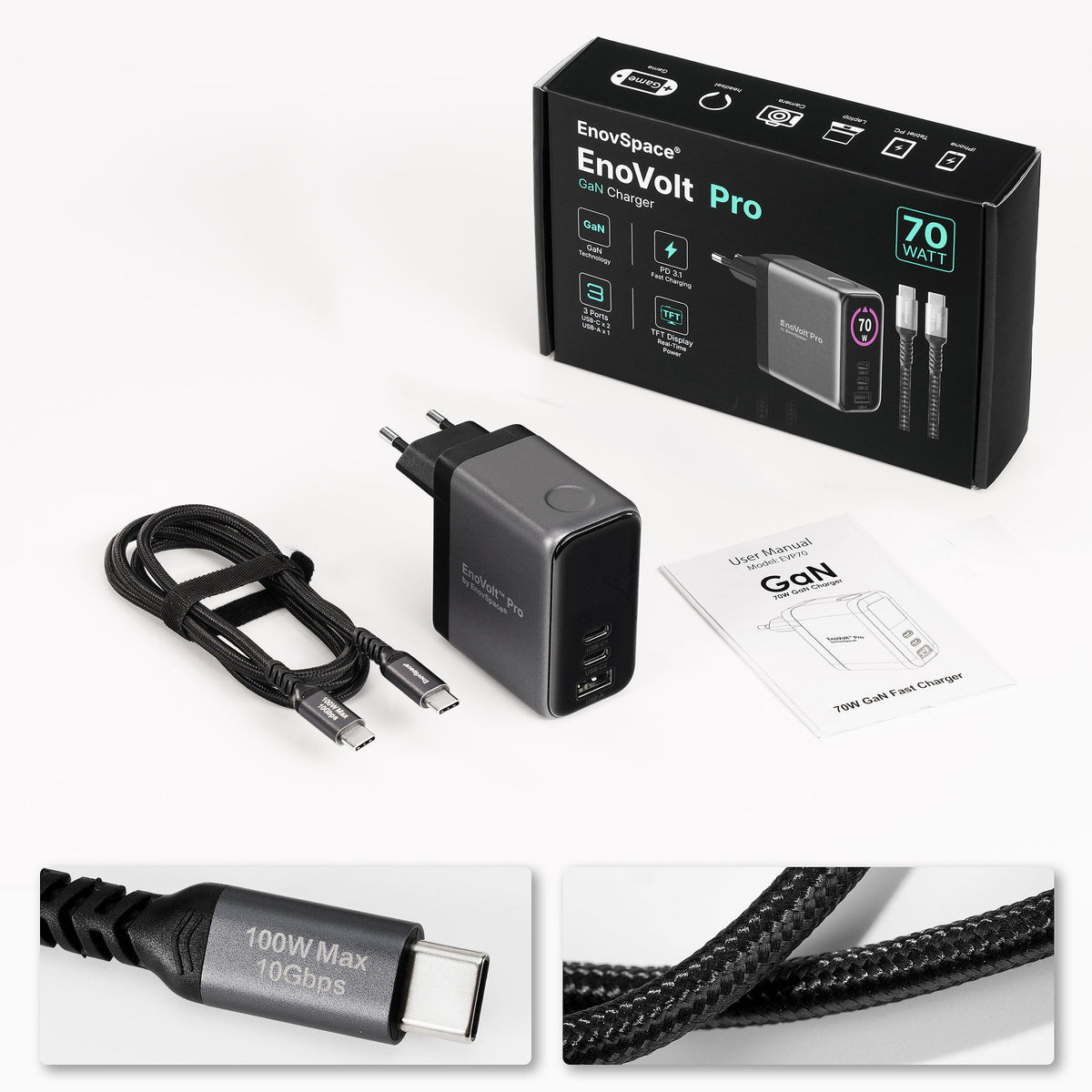 What is in the box: EnoVolt Pro 70W charger, braided 100W USB-C cable, user manual and retail packaging