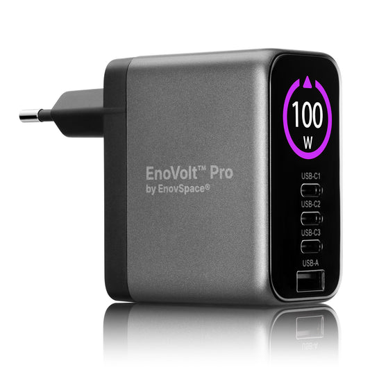 EnoVolt Pro 100W GaN charger with its TFT display and four ports: three USB-C and one USB-A