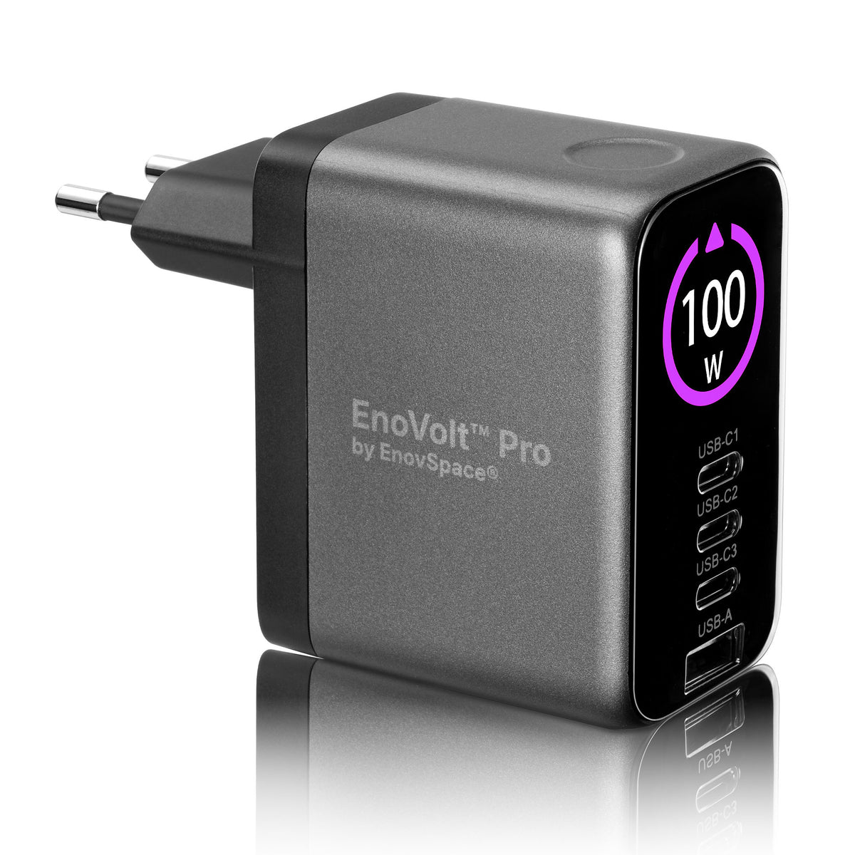 EnoVolt Pro 100W GaN charger seen from the side with its EU plug