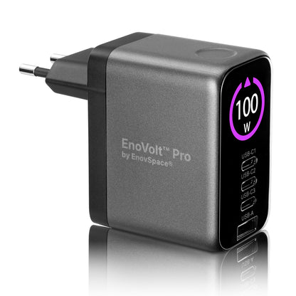 EnoVolt Pro 100W GaN charger seen from the side with its EU plug
