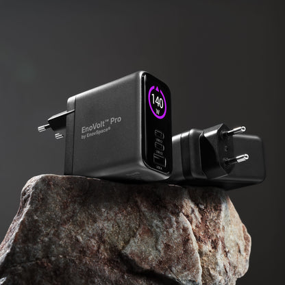 EnoVolt Pro 140W GaN charger showing its compact design and folding plug