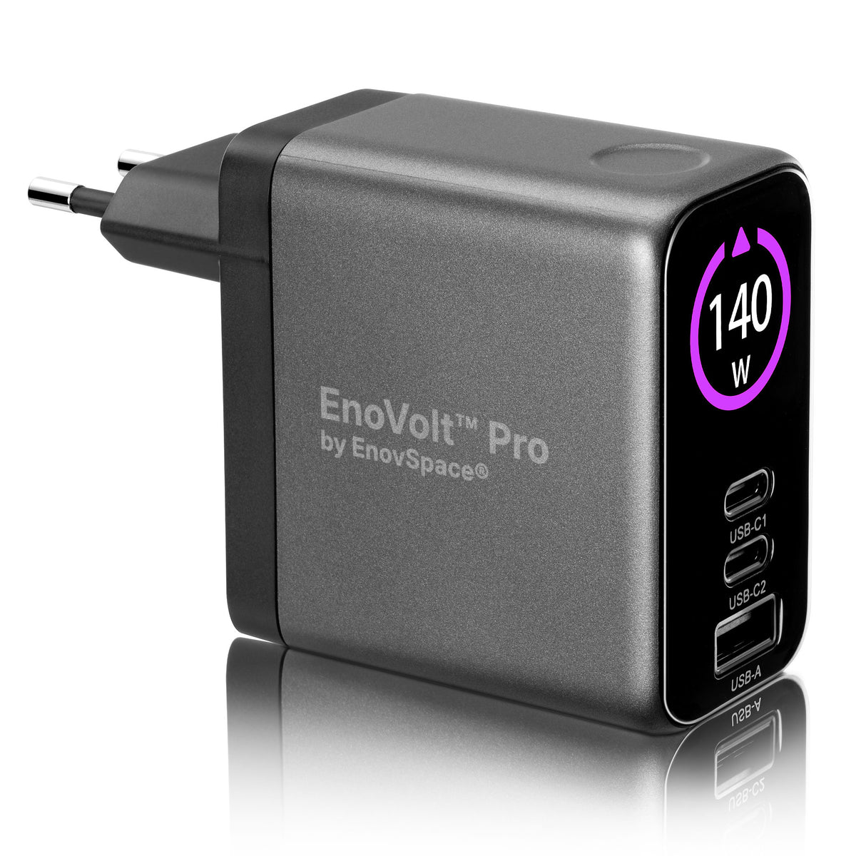 EnoVolt Pro 140W GaN charger seen from the side with its EU plug