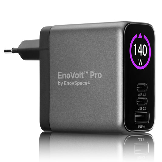 EnoVolt Pro 140W GaN charger with TFT display, two USB-C ports and one USB-A port