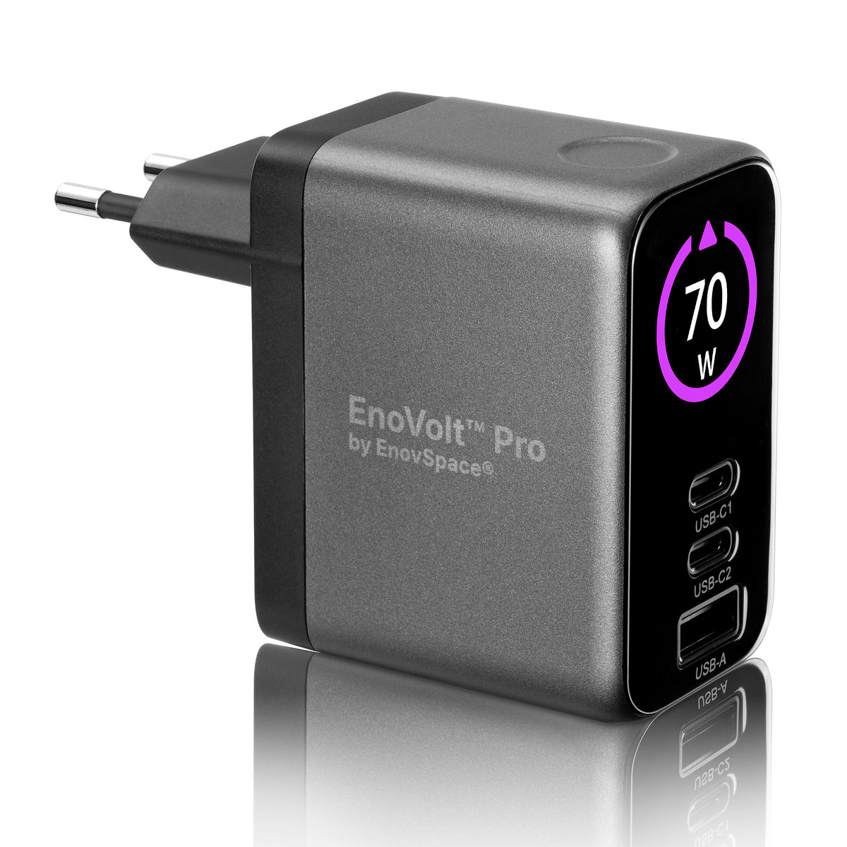 EnoVolt Pro 70W GaN charger seen from the side with its EU plug
