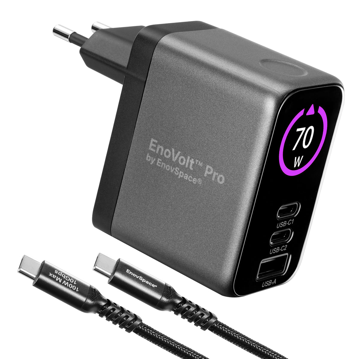 EnoVolt™ Pro 70W — GaN Charger with TFT Display, 3 Ports + 100W USB-C Cable