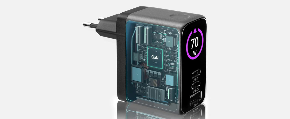 Cutaway view of the EnoVolt Pro 70W showing the GaN chip, the TFT screen and the three ports