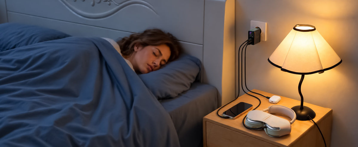 EnoVolt Pro 70W charging a phone, earbuds and headphones overnight from a bedside socket