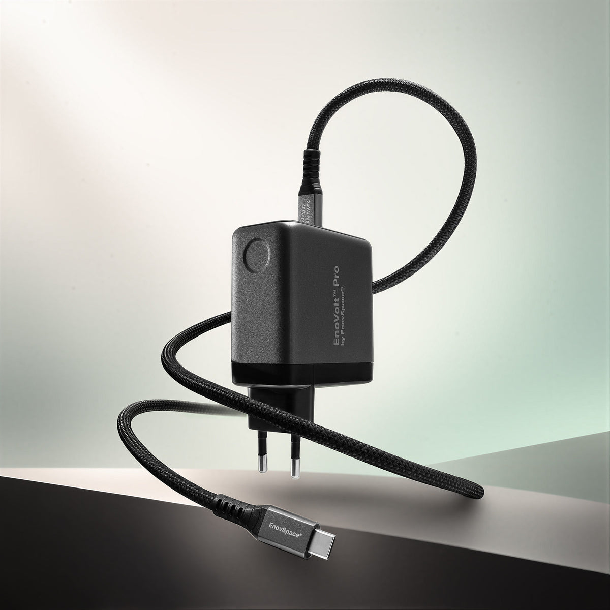 EnoVolt Pro 70W GaN charger with its braided USB-C cable